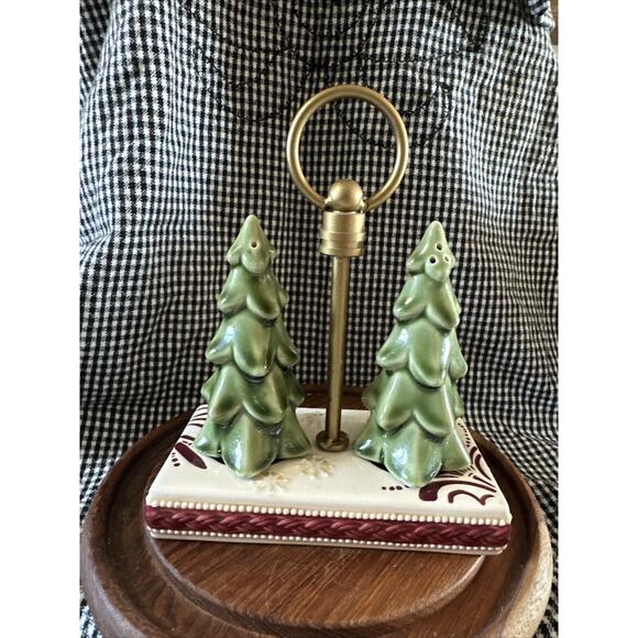 Grassland Roads Christmas Tree Salt & Pepper Shaker’s W/stand Ceramic Holiday - Picture 1 of 9